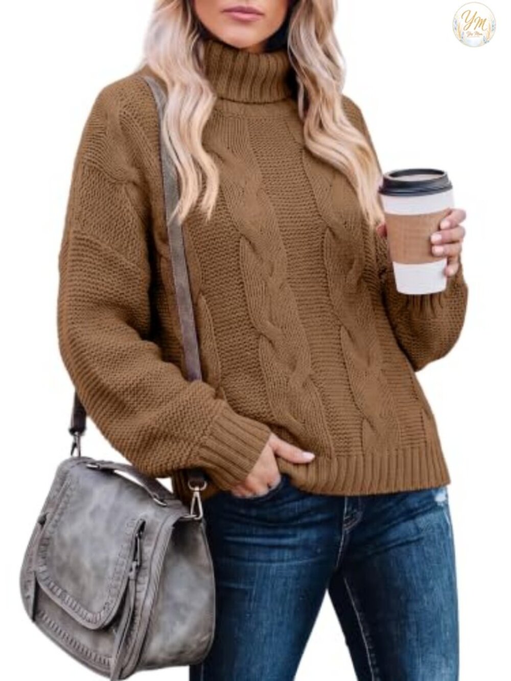 Womens Turtleneck Cable Knit Chunky Sweater Pullover
